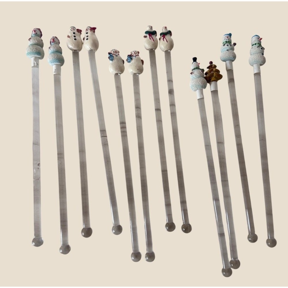 Vintage Snowman and Christmas Tree Glass Swizzle Sticks Set 12Holiday Stirrers